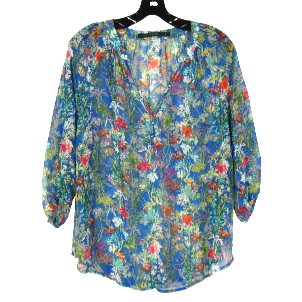 FUN 2 FUN Blue/Multi FLORAL Sheer CHIFFON 3-Faux Buttons V-NECK Blouse/Top Sz M